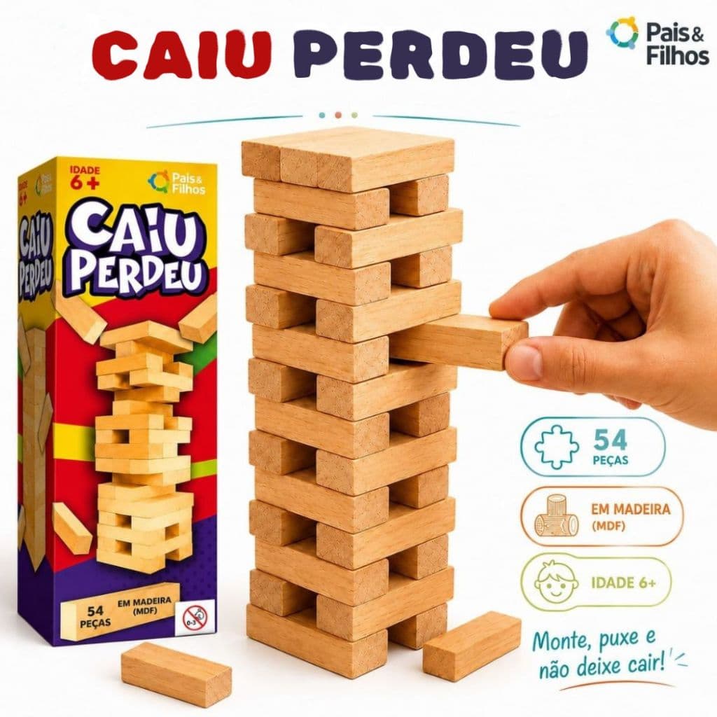 Jogo Caiu Perdeu Pais & Filhos Original Torre Equilíbrio Madeira MDF Educativo e Entretenimento 6+