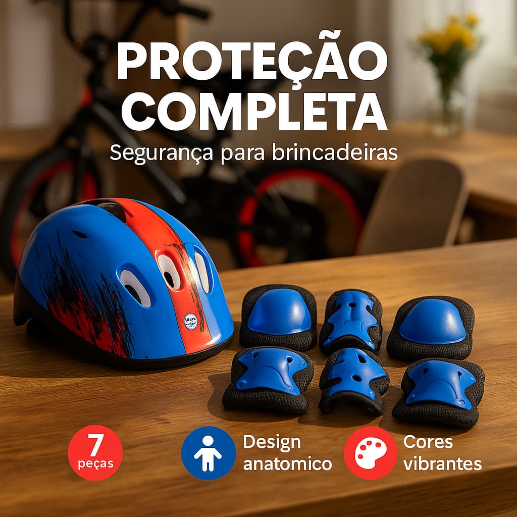Kit Protecao Infantil Capacete Completo 7 Pecas Seguro Protecao Ciclismo