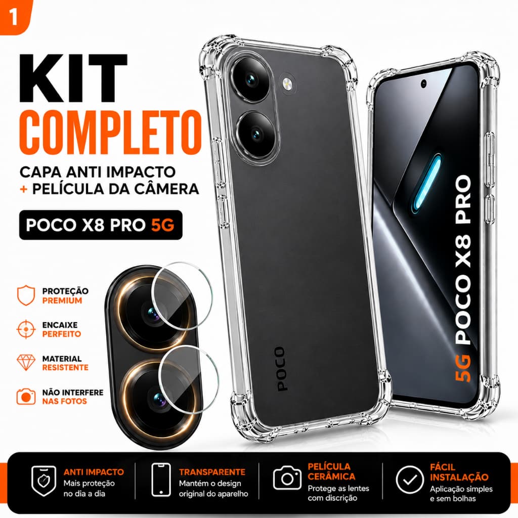 Kit Case + Pelicula Poco X8 Pro 5G Capa Capinha Anti Impacto Transparente e Camera Ceramica Top