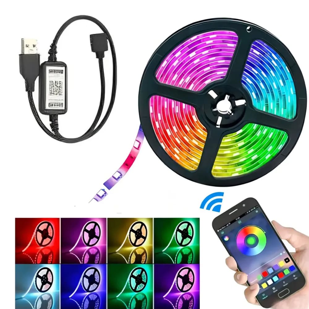 Fita LED Adesiva RGB Inteligente com Sensor de Som USB Bluetooth