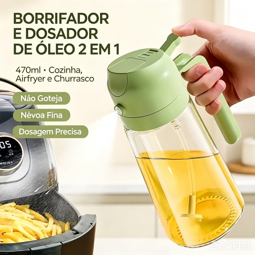 Borrifador e Dosador de Óleo 2 em 1 470ml, Frasco de Vidro para Cozinha, Airfryer e Churrasco