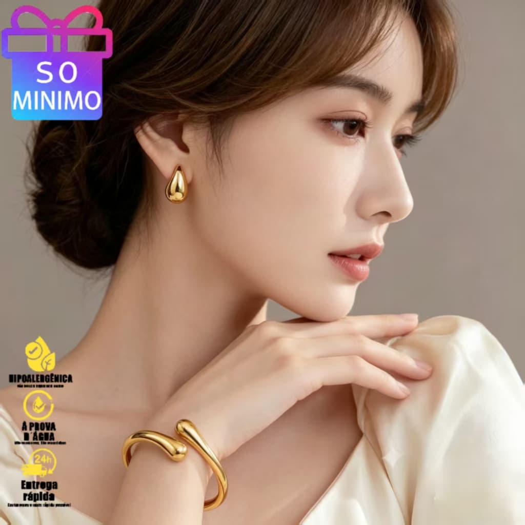 Conjunto de Brincos e Pulseira em Formato de Gota (Bicolor: Ouro e Prata) —Perfeito para o Dia a Dia
