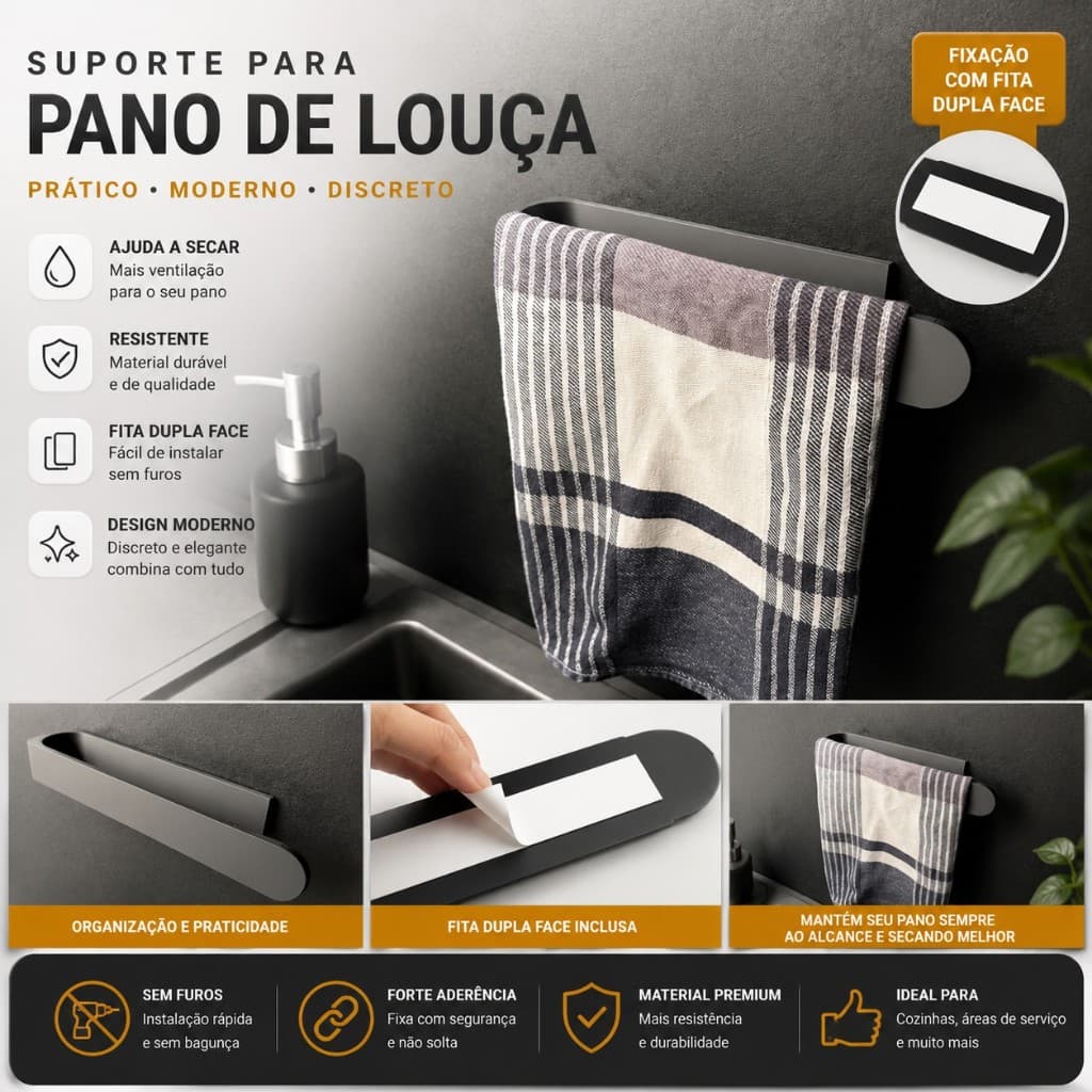 Suporte para Pano de Louça com Fita Dupla Face | Organizador de Cozinha