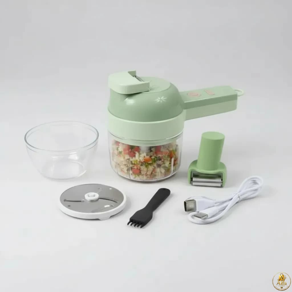 Triturador Elétrico USB 4 em 1 Recarregável Cortador Processador de Alimentos Verde Alho Legumes Verduras Compacto