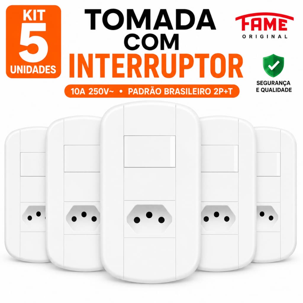 Kit 5 Tomada 10A Com Interruptor Simples Fame Blanc Original
