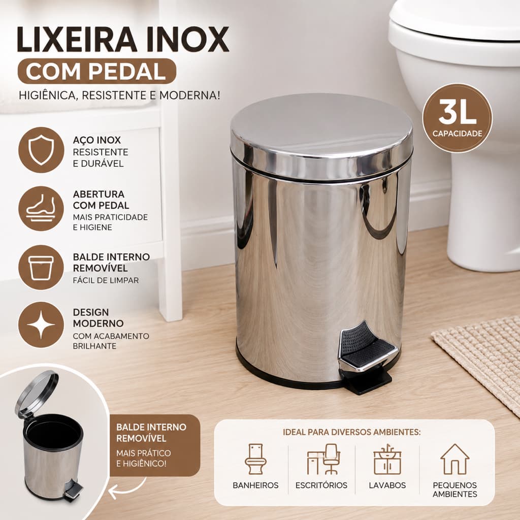 Lixeira Inox 3L com Pedal e Balde Interno Removível Cozinha Banheiro