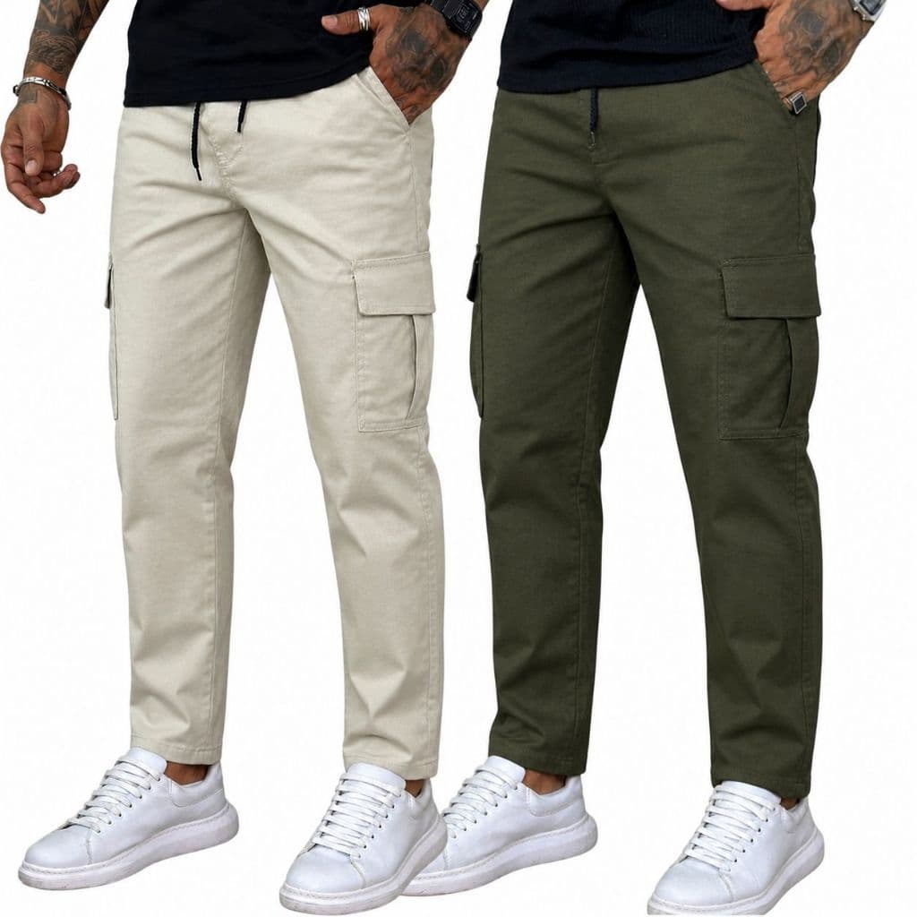 Calça Cargo Sarja Masculina Bolsos Laterais Tendência