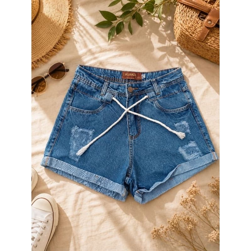 Shorts Jeans Feminino Barra Dobrada Destroyed 100% Algodão Tam 42