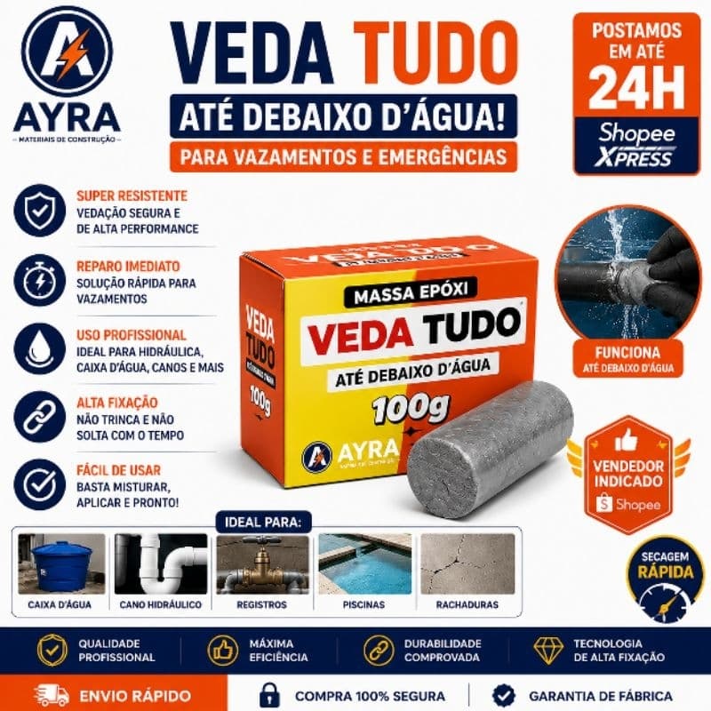 Massa Epóxi Veda Tudo 100g | Uso Submerso | Cola e Repara Metais, Plásticos e Tubos