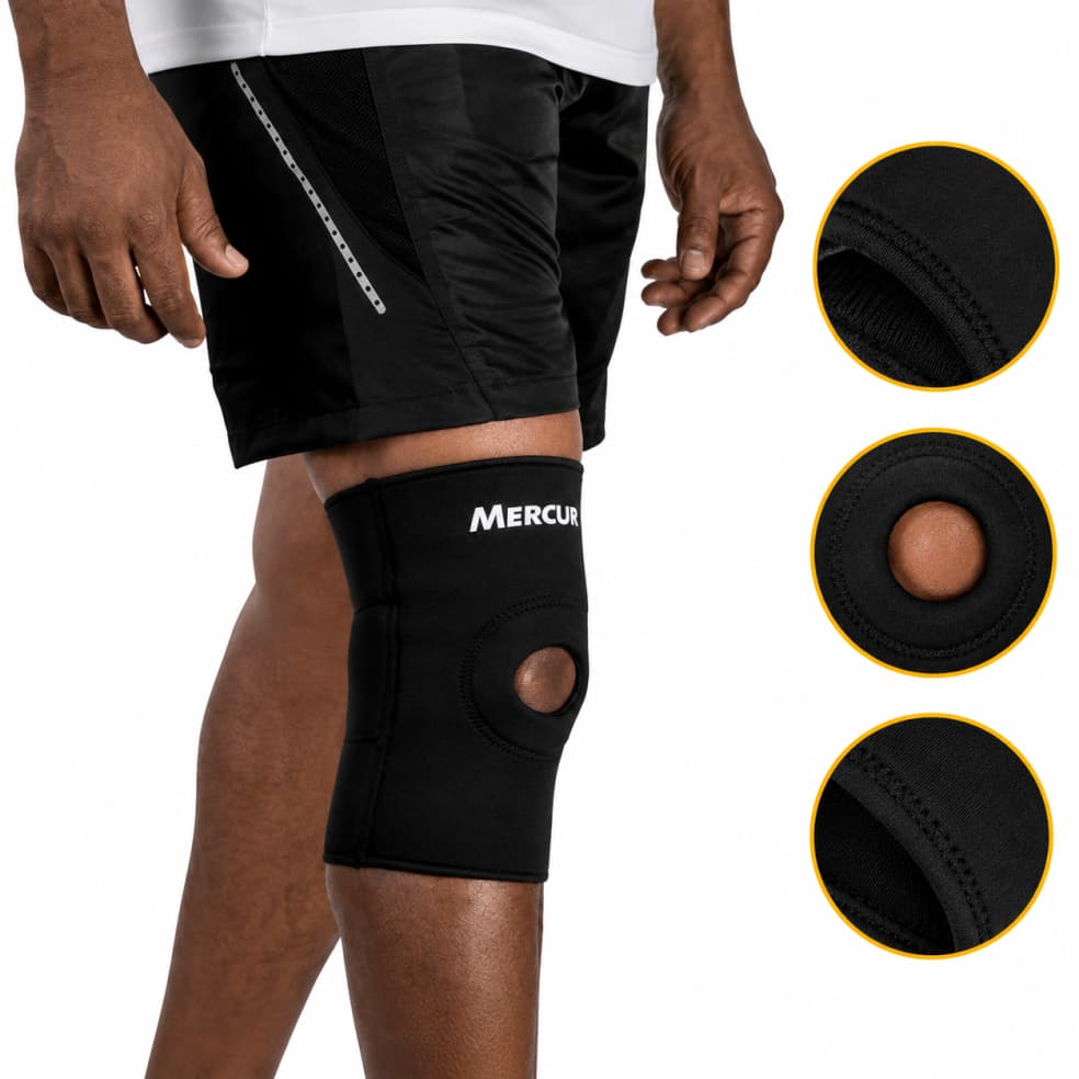Joelheira Esporte C/ Orificio Reforçado Preta Neoprene Patela Alívio Dor Lesão Confortável Flexível