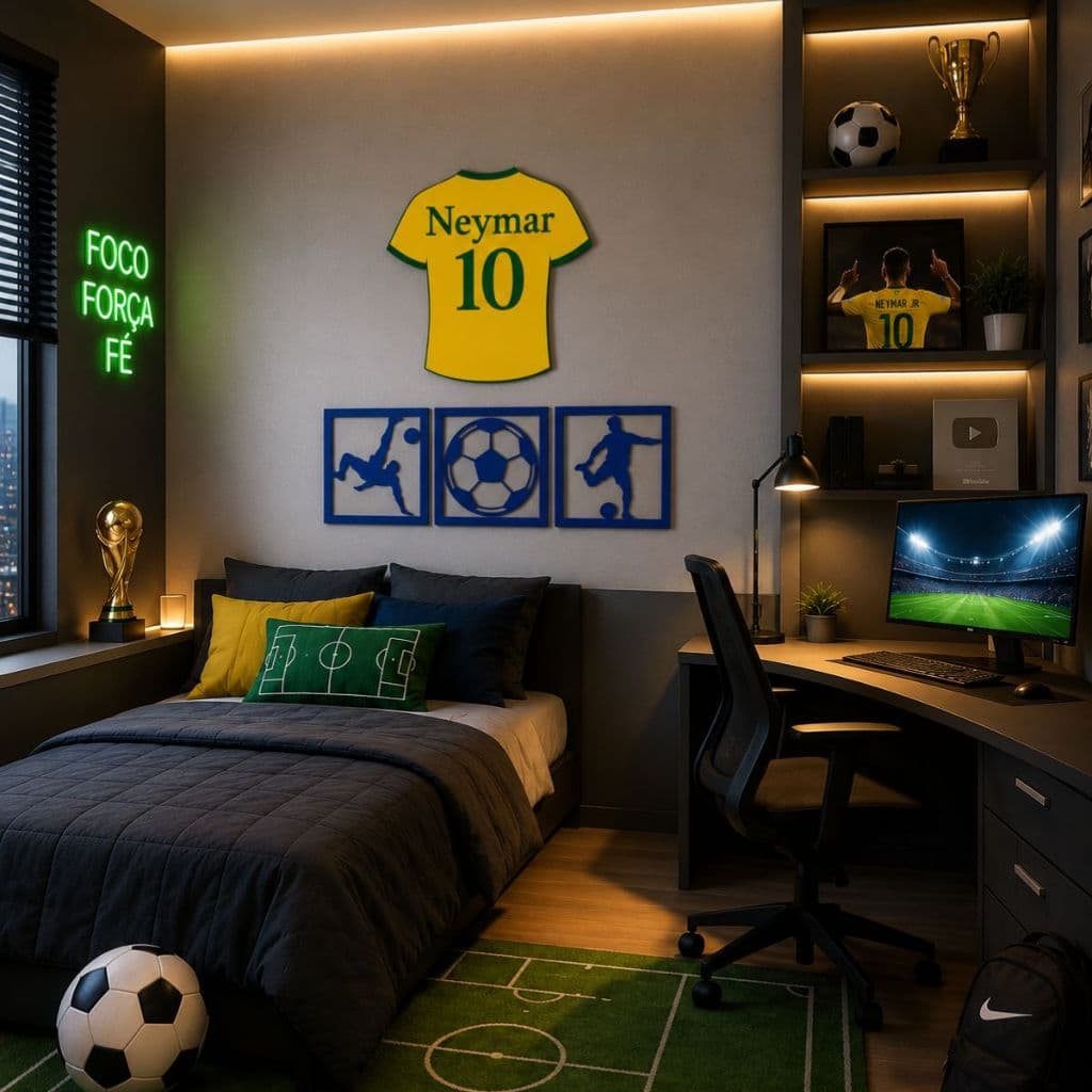 Kit MDF Tema Futebol com Camisa do Brasil e Quadros decoração quarto