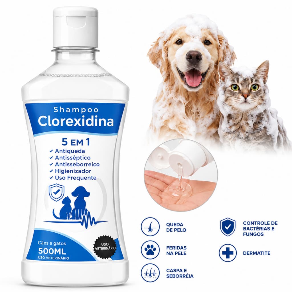 Shampoo Clorexidina 5 em 1 500ml Antisséptico Antisseborreico Antiqueda Cães Gatos Dermato