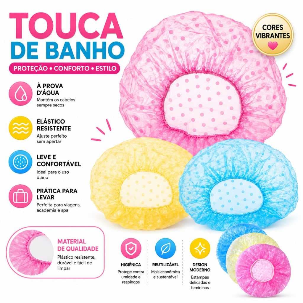 Touca de Banho Impermeável Reutilizável com Elástico Resistente Feminina Estampada Proteção para Cabelos plastica