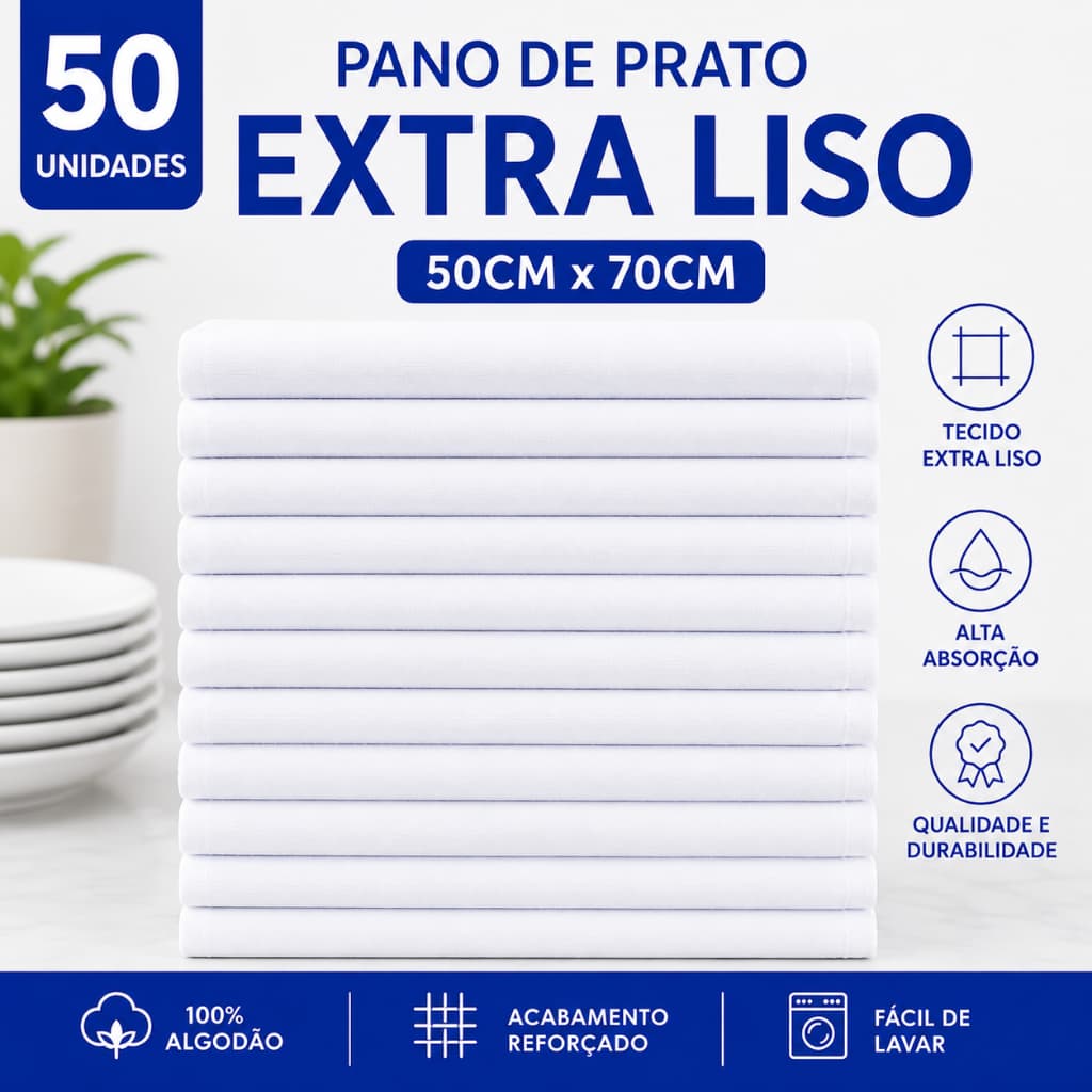 PANO DE PRATO BRANCO EXTRA 50X70CM KIT 50 UNIDADES
