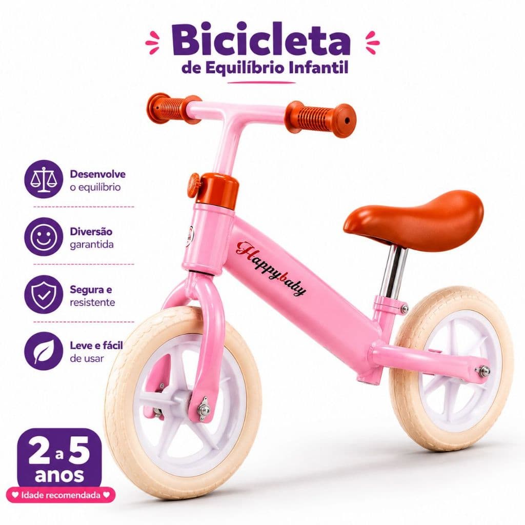 Bicicleta de Equilíbrio Infantil Sem Pedal para Bebês 2 a 5 Anos Desenvolve Coordenação Uso Casa e Rua