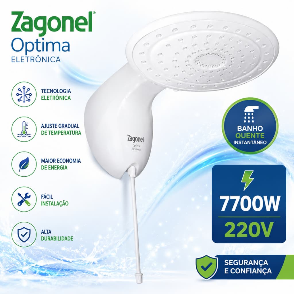 Ducha Eletrônica Zagonel Optima 7700W 220V Branca Chuveiro Elétrico Controle de Temperatura