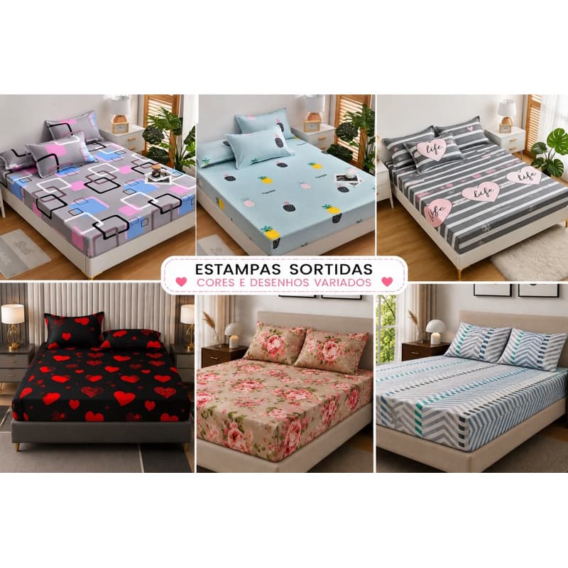Jogo Lençol Premium Com Elastico Estampado / SOLTEIRO 2 Pçs/ CASAL 3 Pçs/ QUEEN 3 Pçs/ 2 Fronhas
