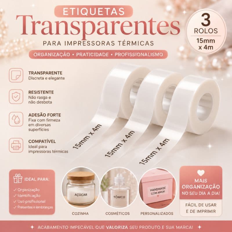 3 Rolos Etiqueta Transparente 15mm x 4m para Impressora Térmica Portátil | Adesivo de Alta Qualidade