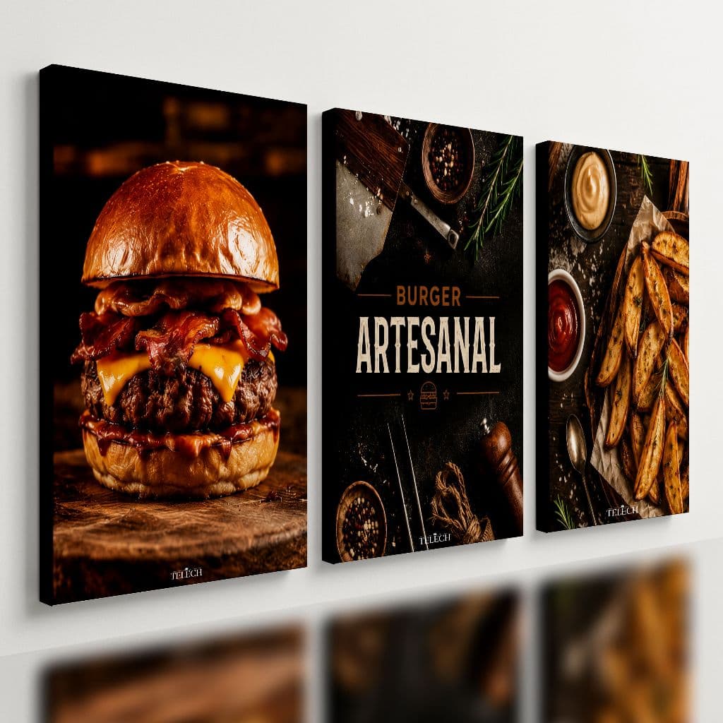 Kit 3 Quadro Decorativo Hamburgueria Artesanal Burger Fast Food e2
