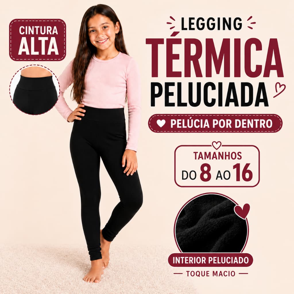 Legging Infantil Térmica Peluciada Inverno Cintura Alta Grossa Não Transparente Menina Tam 8 ao 16