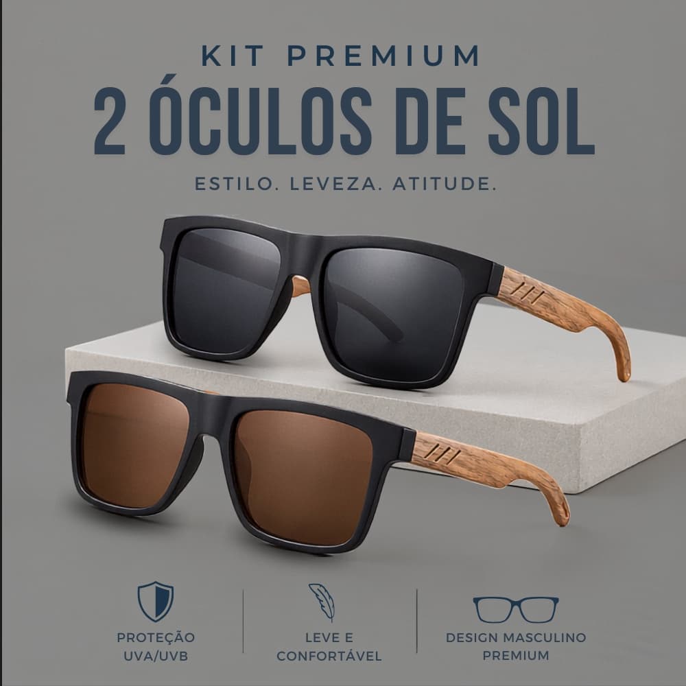 Par Óculos De Sol Masculino Quadrado Estilo Madeira Preto e Marrom com Proteção UV400