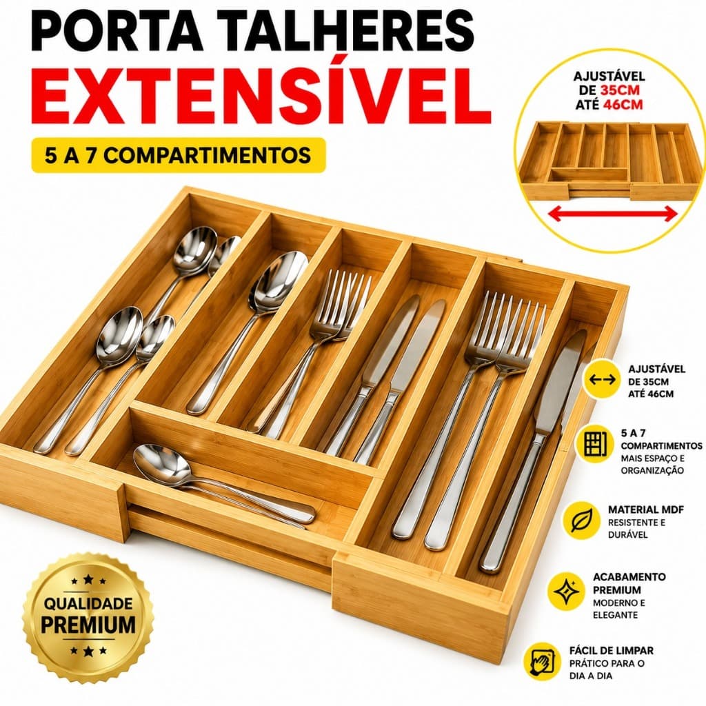 Porta Talheres Gaveta Bambu 7 Divisórias Extensível Ajustável Organizador Talheres Madeira