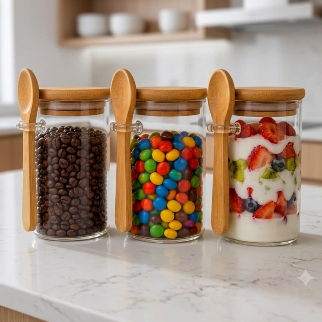 Kit Pote de Vidro 300ml Tampa e Colher de Bambu Hermético Organizador Tempero Cozinha ENVIO IMEDIATO