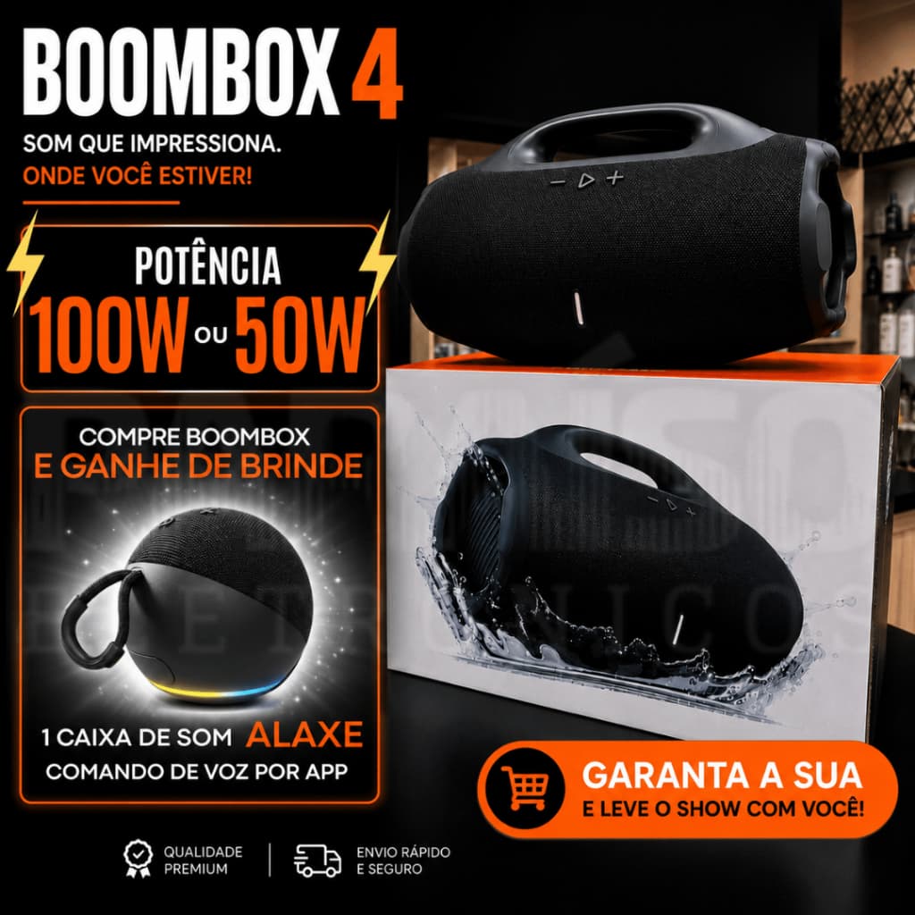 BOOMBOX 4 Caixa de Som GIGANTE 33CM/23CM 100W/50W ALTA POTÊNCIA, Bluetooth, Portátil, Pen Drive, SD, Entrada Tipo-c
