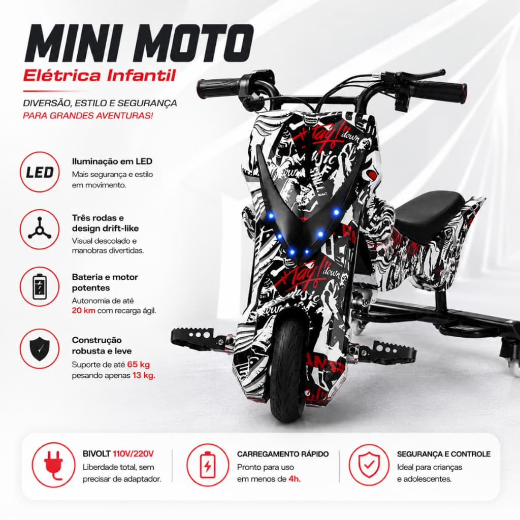 Triciclo Moto banco tipo couro Eletrico Led Rodas 8" Bivolt 20km/h Drift 3 Velocidades 350w