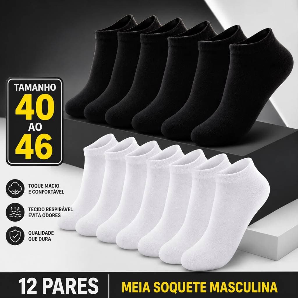 Kit 12 Pares Meia Soquete Masculina Cano Baixo Respirável Confortável 40 ao 46