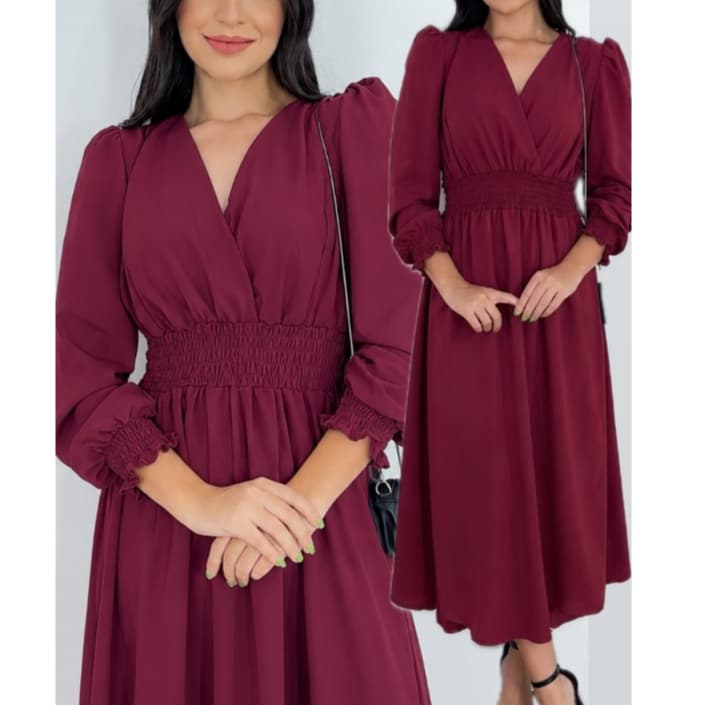 Vestido Mid Elegante Manga Longa Moda Feminina Evangelica