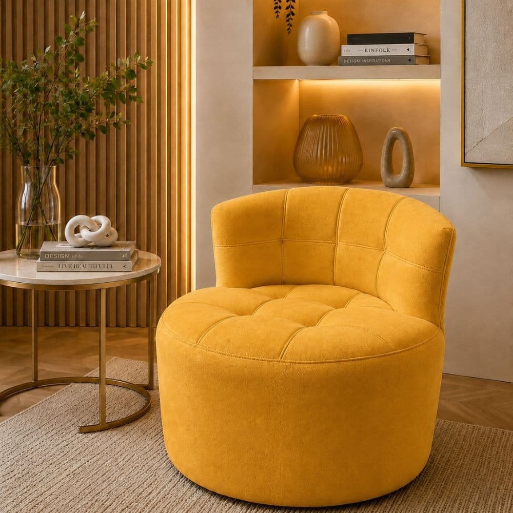 Poltrona Jin Orgânico Slim Curvo Luxo Decorativa Recepção Tecido Macio Confortável Suede Amarelo