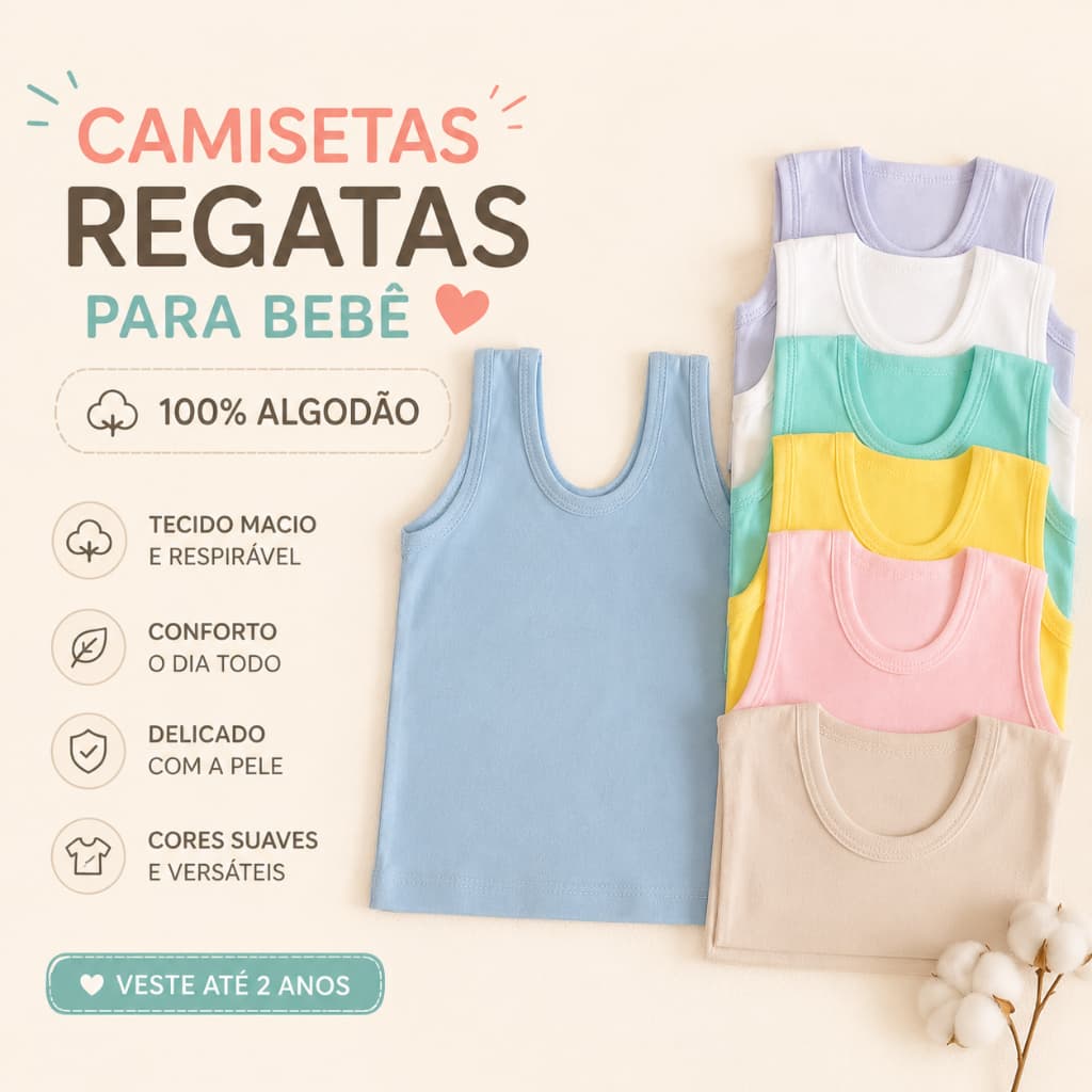 Kit 3 Camiseta Lisa Bebê Regata Menino Menina Roupas Infantil Verão Kids Algodão