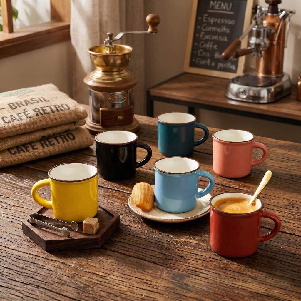 Kit 6 Mini Canecas De Porcelana Esmaltadas Para Café Coloridas Retrô Decoração Cozinha Resistente Servir Mesa Posta 80ml