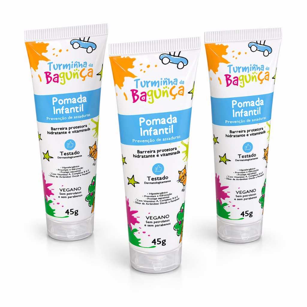 Kit 3 Pomada de Assadura para Bebê 45g Turminha da Bagunça Pomada Infantil Assaduras com Vitaminas Vegana Hipoalergênica