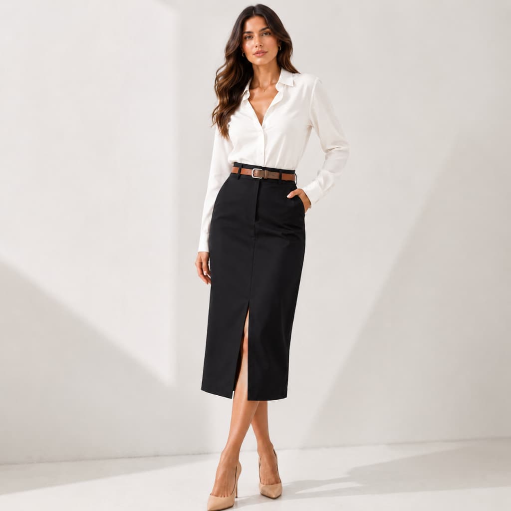 Saia Feminina Midi Alfaiataria  Bolsos Laterais Fenda Frontal  Acompanha Cinto de Brinde Moda Elegante Plus Size