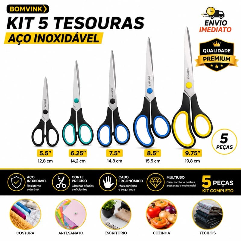 Jogo Kit Tesoura Bomvink 5/3 Peças Aço Inox Multiuso Escolar Escritório Costura Artesanato Papel EVA