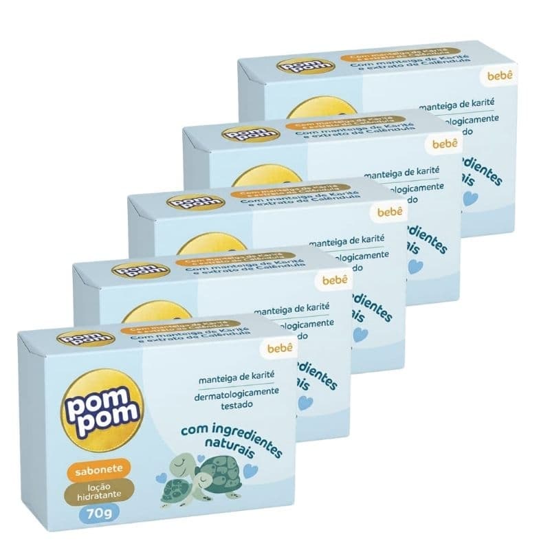 Kit Sabonete em Barra Pom Pom Loção Hidratante com 5 unidades de 70g cada