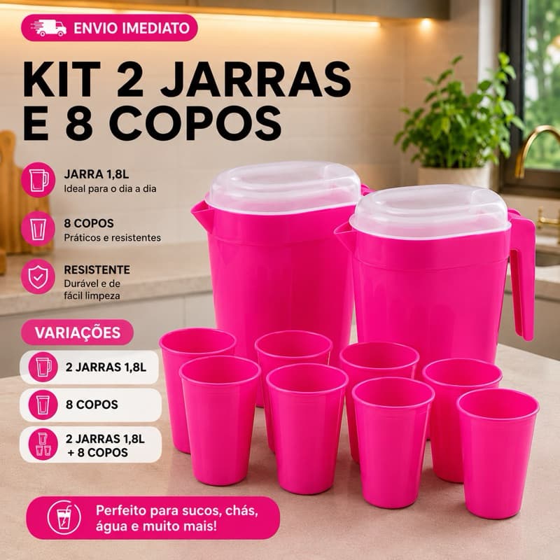 Kit Completo 2 Jarras 1,8L + 8 Copos Plástico Premium Resistente Prático Cozinha Rosa