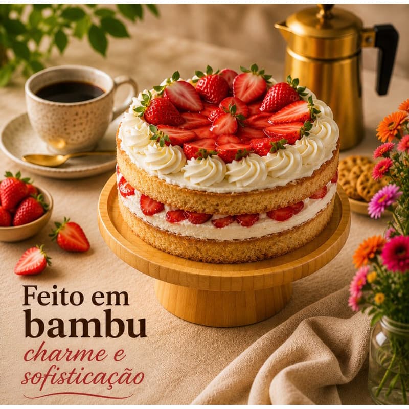 Prato Para Bolo Com Pé Base Boleira Bambu 20x7cm Redondo