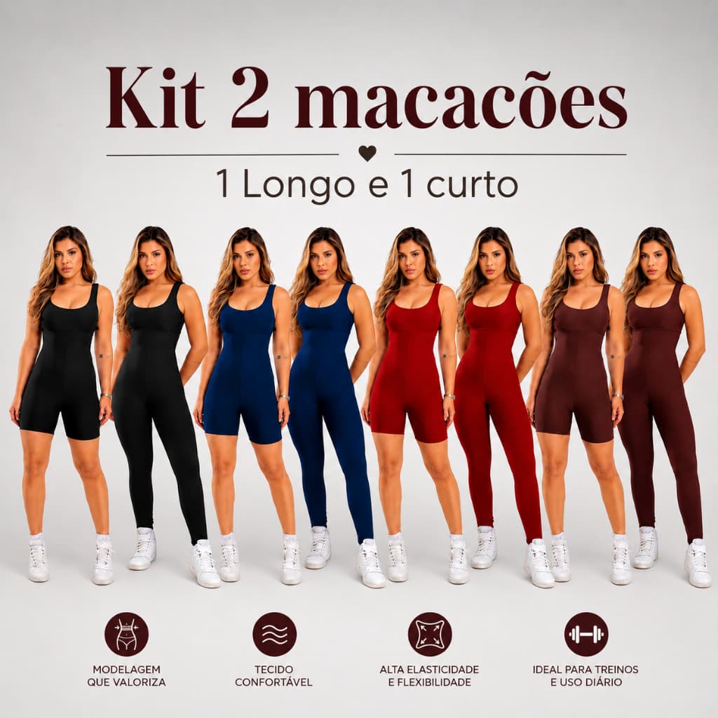 Kit 2 Macacões Fitness Feminino Longo e Curto Bojo Removível Não Transparente Roupa Academia
