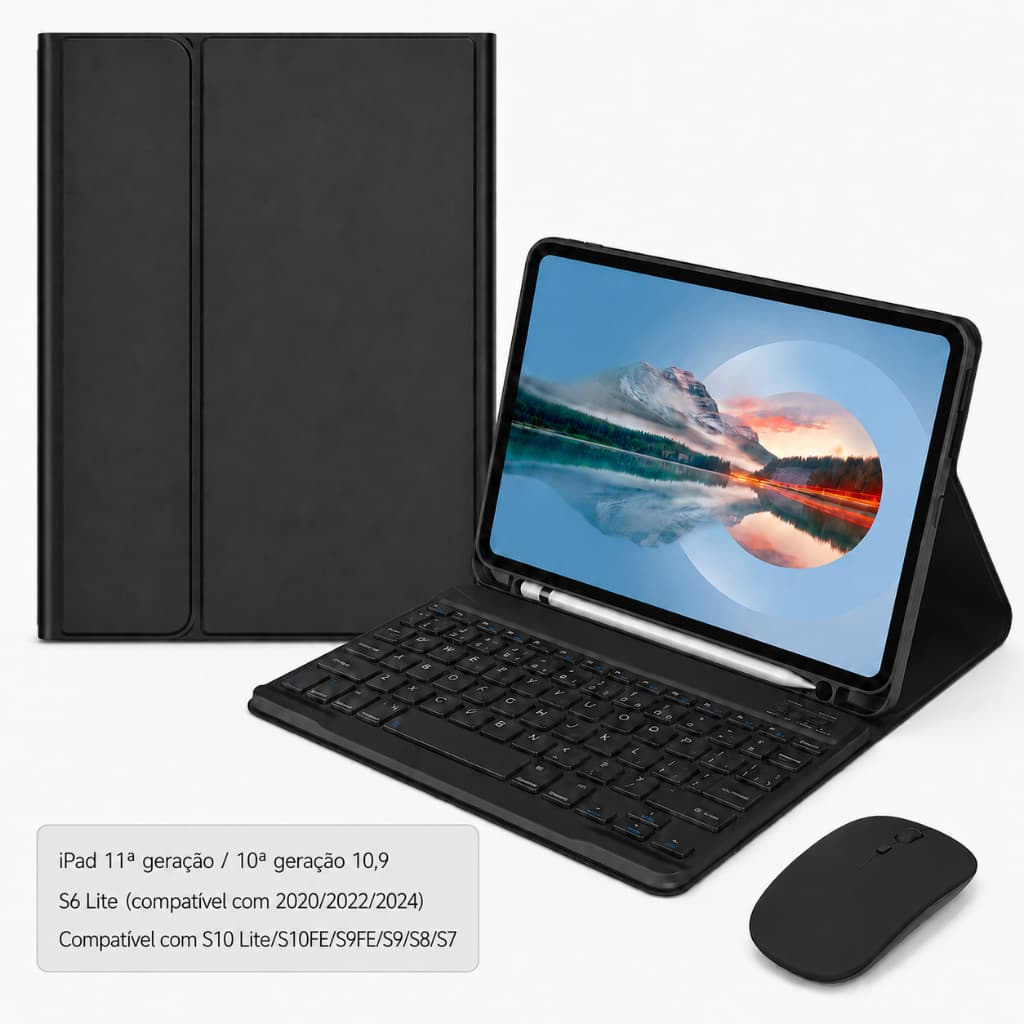 Kit 3 Peças Capa Teclado Bluetooth Sem Fio Magnético e Mouse Para iPad 10/11 10.9 Samsung Tab S6 Lite S7 S8 S9 S10 FE