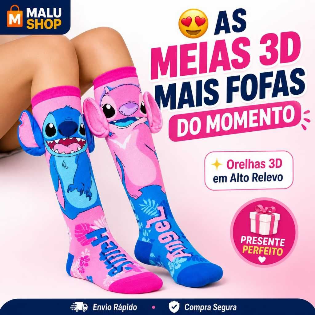 Par De Meia Maluca 3D Stitch e Angel Meia Cano Alto Adulto e Infantil Feminina Orelhas Alto Relevo Super Fofa Presente