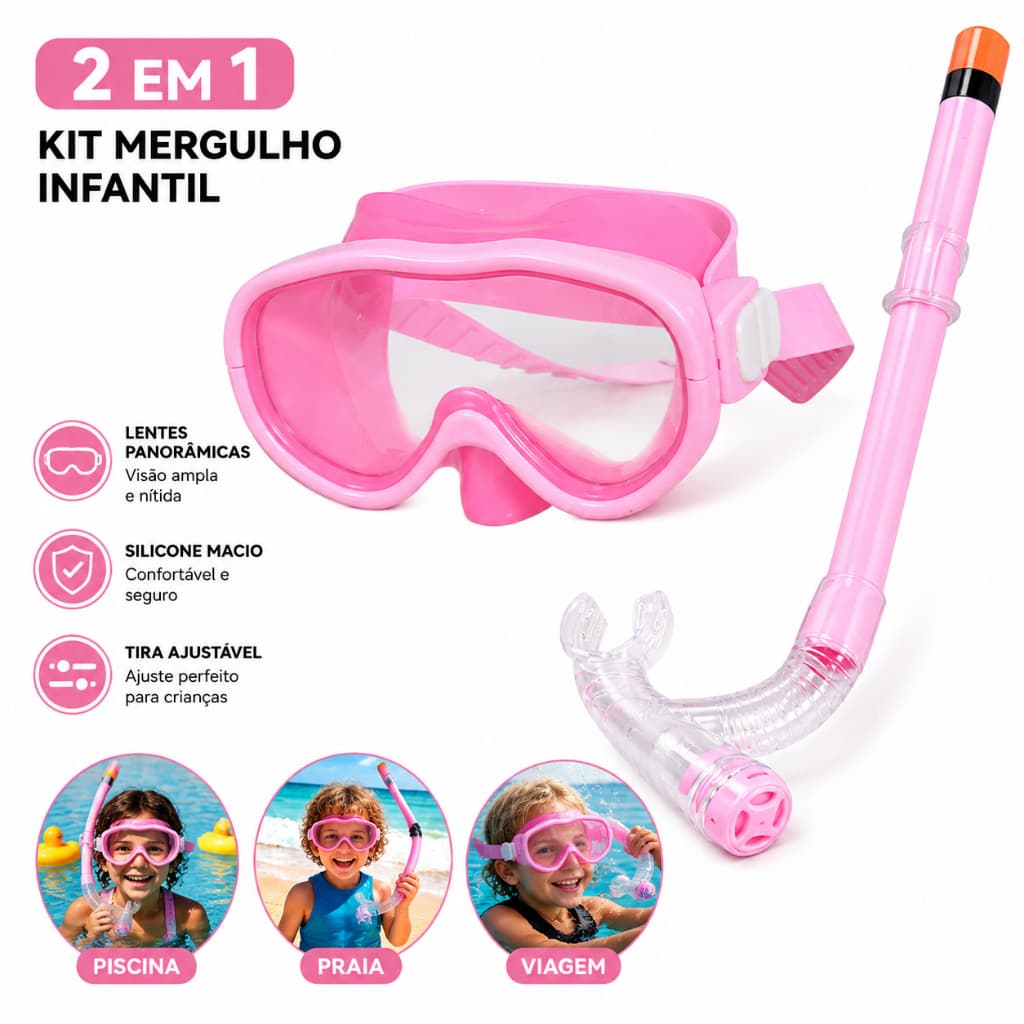 Conjunto Mergulho Infantil Máscara + Snorkel Silicone Macio Visão Ampla 4 a 12 Anos Praia Piscina