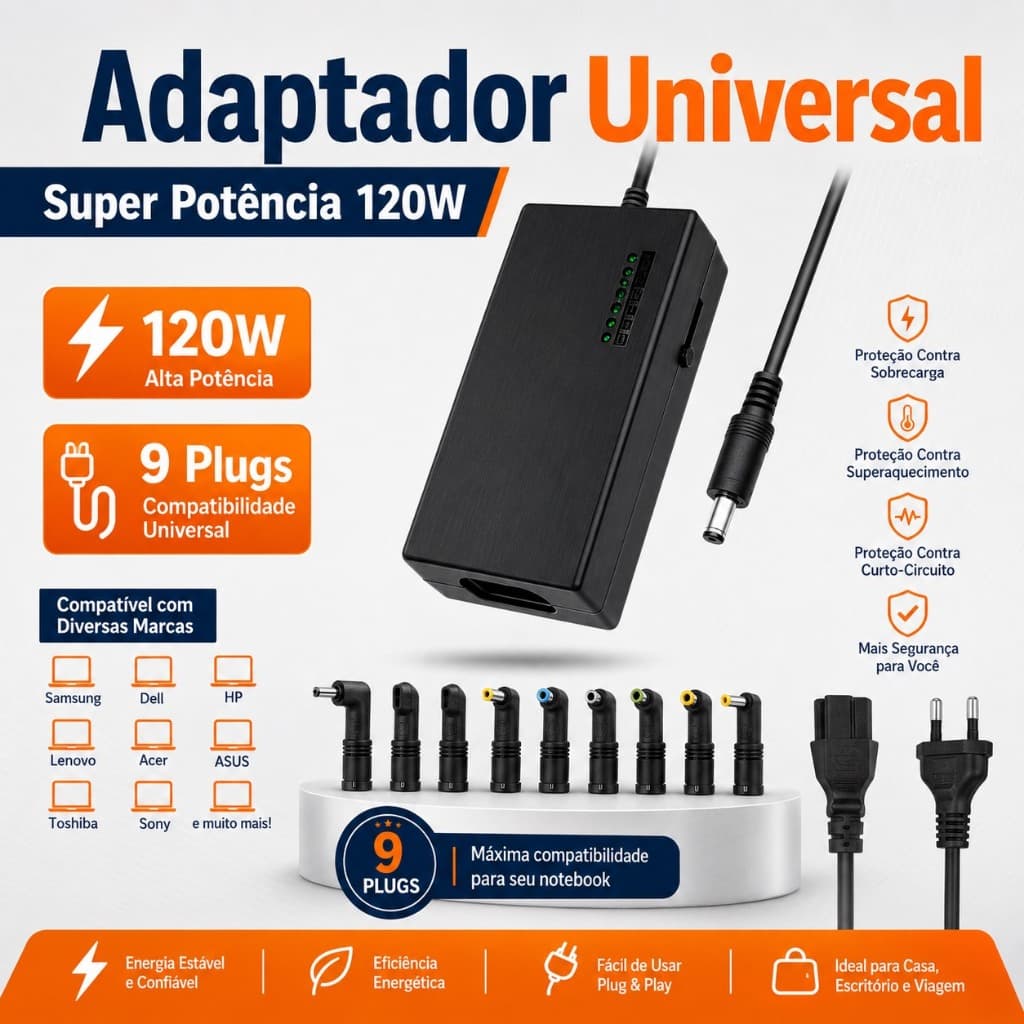 Fonte Carregador Universal para Notebook Laptop 120W Bivolt 110v-240v Regulável 12v-24v Com 9 Pinos