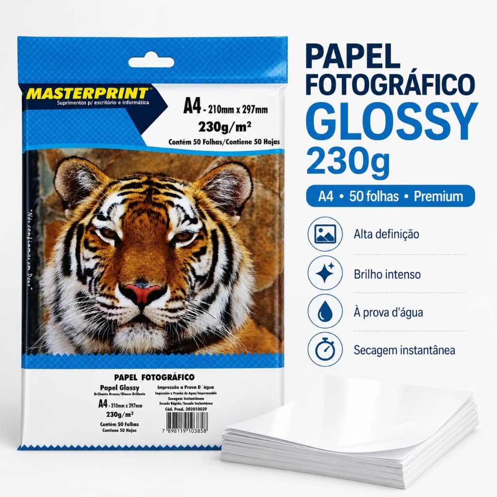 Papel Fotográfico Glossy A4 230g Masterprint — Pacote com 50 Folhas, Papel para Certificados , Cardápios