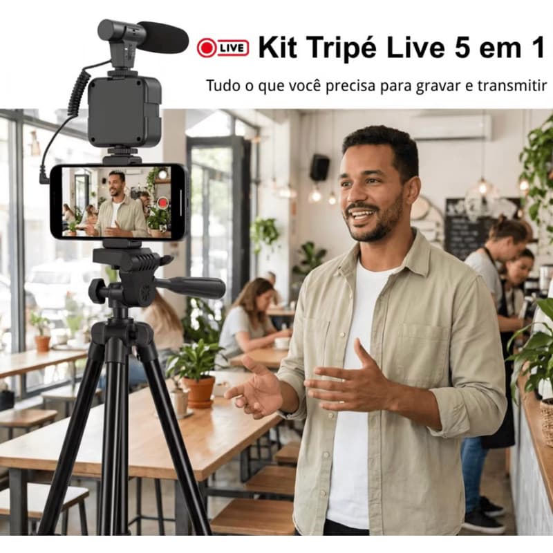 Kit Tripé 1,3 m p/ Celular + Microfone + Luz LED de Bolso + Controle Remoto – Live e Gravação