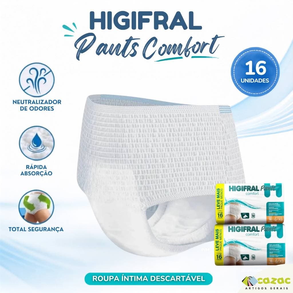 Fralda Geriátrica Descartável Unissex Calcinha/Cueca Higifral Pants Comfort 16 ou 14 Un P/M/G/EG/XXG