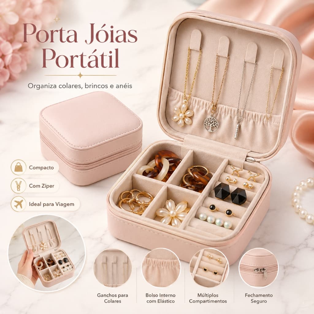 Porta Joias Portátil Organizador de Joias com Zíper para Anéis Brincos Colares Pulseiras Viagem