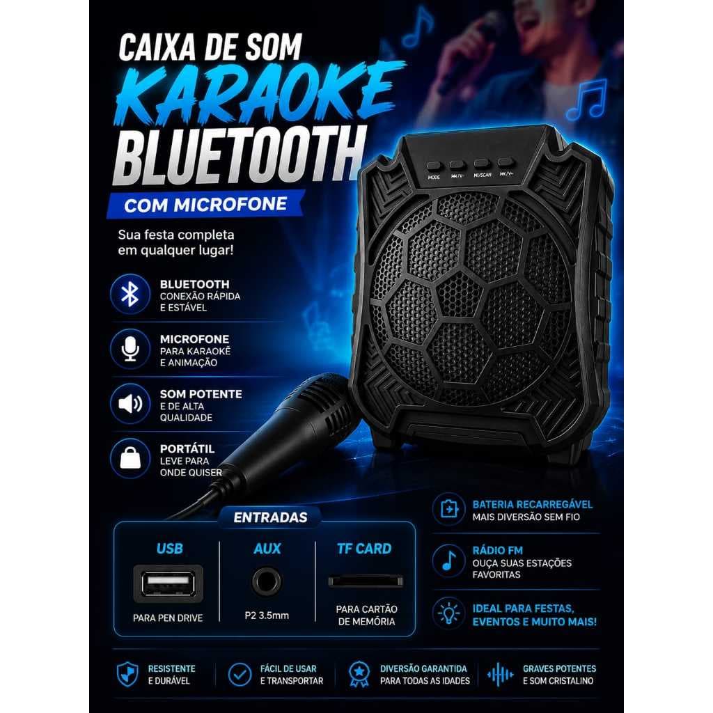 Caixa de SOM KARAOKE Bluetooth com LED, Microfone, Estéreo potente, Entradas USB / AUX / TF Card
